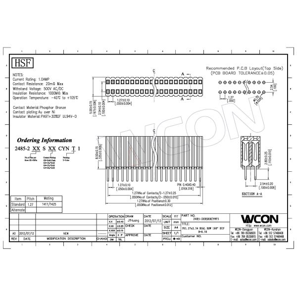 1.27 * 2.54 Female Header Connector electrical appliances FOB Or FCA Based on order Amount