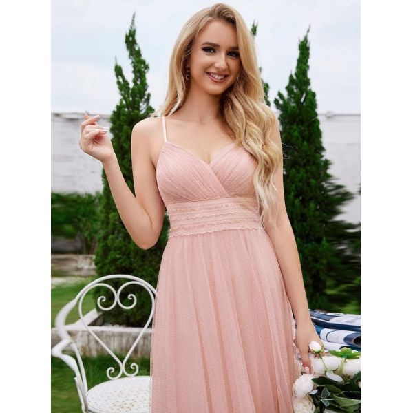 High Slit And Lace Pearl Waist Sleeveless V-neck A-line Empire Spaghetti Strap Pleated Pink Tulle Bridesmaid Dress