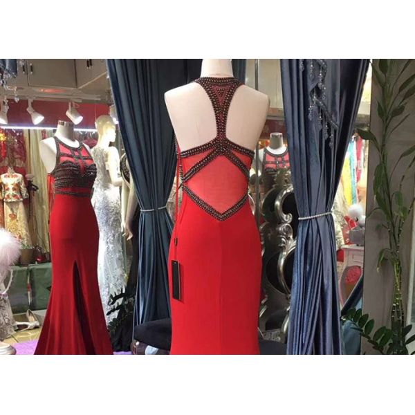 Red Mermaid Style Dress Slit Sleeveless Top Heavy Beading Back Hollow Fishtail
