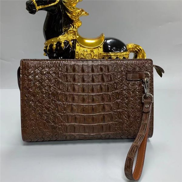 Knitted Designer Genuine Alligator Skin Men Woven Clutch Purse Authentic Crocodile Leather Male Large Wristlets Bag