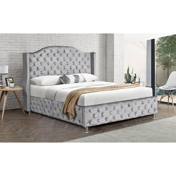 Customized Silver Grey Upholstered Bed Velvet Fabric Button Tufted High