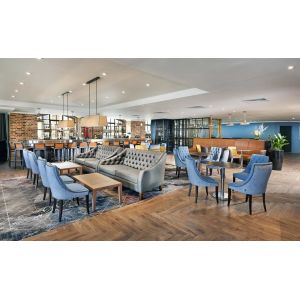 Budget Hotel Bedroom Furniture Leather bed with Leisure chairs and Wood TV Stand