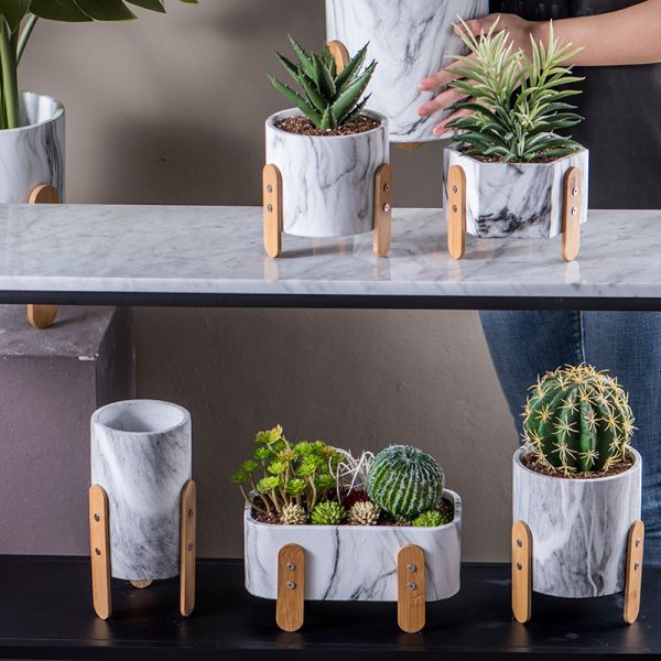 Marble Pots Concrete Planters with Bamboo Stands Tabletop Plant Pots Succulents