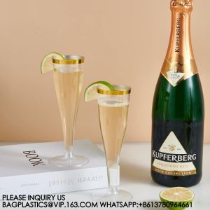 Plastic Champagne Flutes, 4.5 Oz Gold Rim Glasses, Disposable Clear Toasting