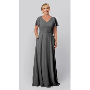 Romantic V-neckline A-line Back Keyhole Cutout Short Flutter Sleeve Zipper Navy