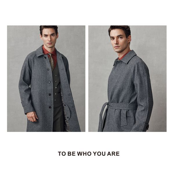 Mid-Length Dark Gray Wool Coat Business Casual Men's Windbreaker with Mandarin Collar