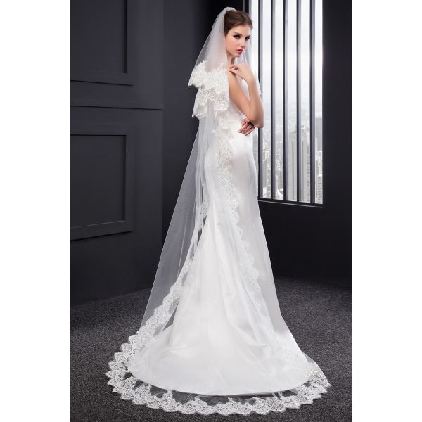 New Styles Customized Wholesale Two Layers Appliqued Lace Sequins Tulle Bridal Wedding White Veil With Hair Comb