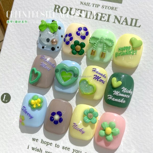 2023 new Nail charms green color frosted heart bow flowers 3d nail art summer jewelry for nail salon