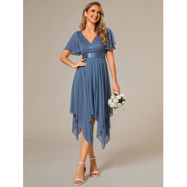 Asymmetrical Hem V-neck Empire Waist A-line Short Sleeves Knee-length Dusty Navy Lace Chiffon Bridesmaid Dress