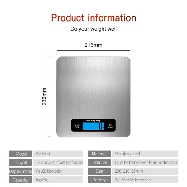 10kg Steel Kitchen Scale Digital Kitchen Food Weighing Scale Electronic Baking Scale