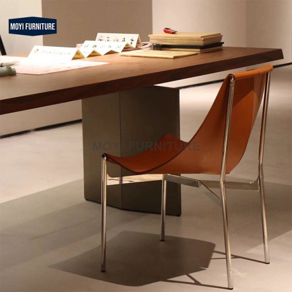 Dining Room Furniture Modern Saddle Leather Chair Stainless Steel Frame Chaise Italian Brown Restaurant Hotel Dining Chair