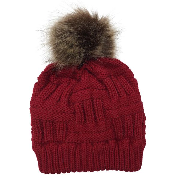 Removable Fur Pom Plain Cashmere Cap