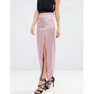 100% Polyester Women Satin Maxi Skirt with Zip-side Fastening