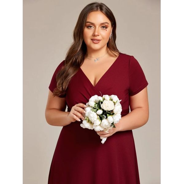 Simple Plus Size V-neck Empire Waist A-line Short Sleeve Zipper Burgundy Chiffon Evening Dress