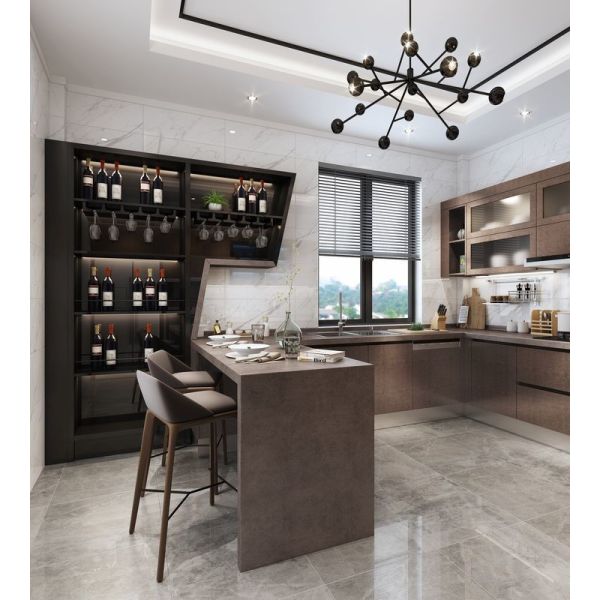 Modern U-Shaped Stainless Steel Kitchen Cabinets With Sleek Stone Grain Design