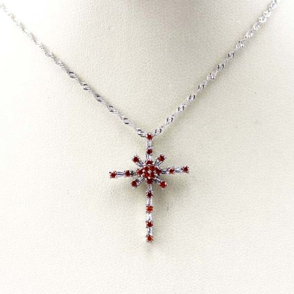 Women Jewelry 925 Silver Pink Cubic Zirconia Cross Pendant Necklace (P37)