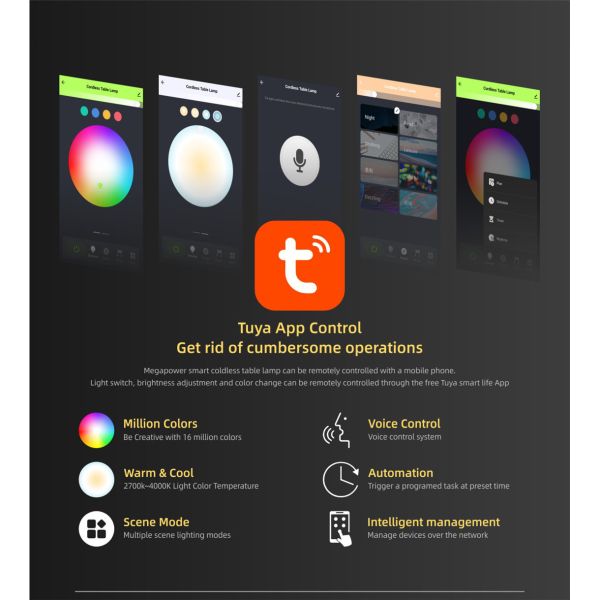 Wifi Rechargeable Table Lamp Dimmable RGBW Night Light, Waterproof for Living Rooms, Bedrooms and Outdoor