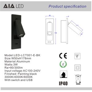 IP20 adjustable angle square bedside wall light/indoor led reading wall lamp