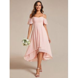 Empire Off-shoulder Spaghetti Strap Zipper High-low Wedding Guest Short Sleeves