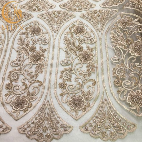 Modern Gold Heavy Beaded Lace Fabric Embroidery For Bridal Dress
