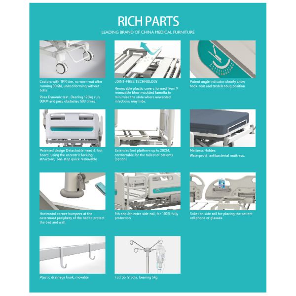 Portable Casters Metal 3 Function Folding Medical Clinic Furniture Adjustable Electric Nursing Patient Hospital Bed