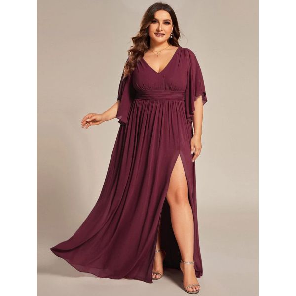 Empire Plus Size V-neck Ruffled A-line Invisible Zipper Half Flutter Sleeves