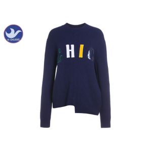 Letters Fabric Patch Embroidery Womens Knit Pullover Sweater Irregular Welt