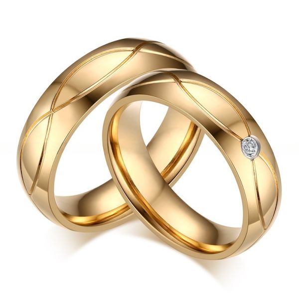 Channel Setting Stainless Steel Promise Rings Gold Filled White CZ For Couples Wedding Engagement