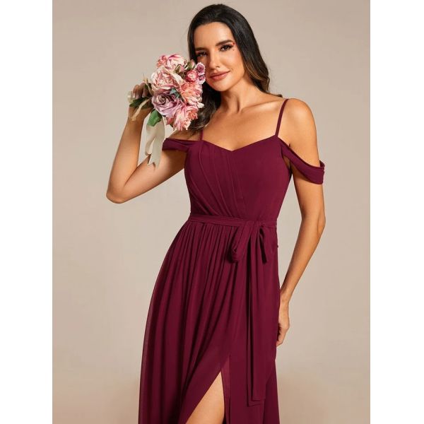 Plus Size A-line Ruffled V-neck Spaghetti Strap High Slit Burgundy Chiffon Party Dress