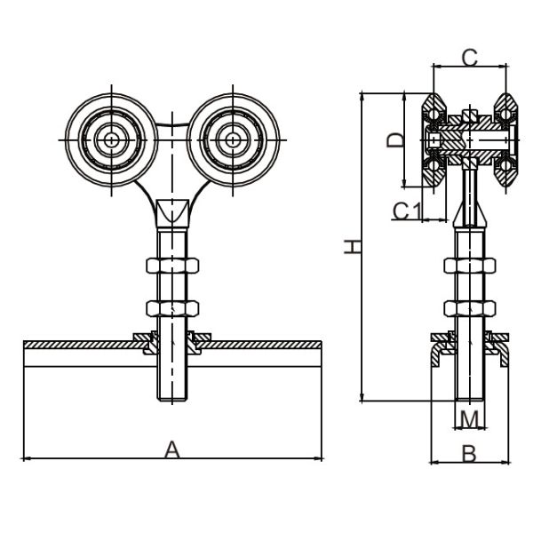 300kg 55mm hanging sliding door wheels 4 nylon roller with horizontal fixing plate