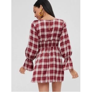 Womens Apparel Square Neck Checked Mini Empire Waist Dress