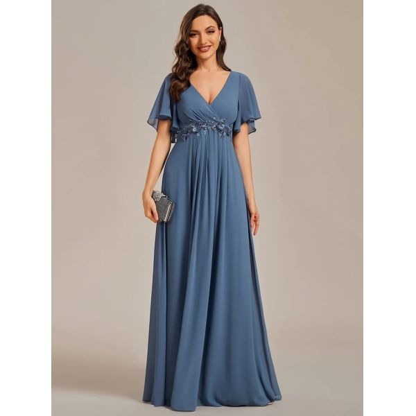 Sexy Empire Applique A-line Short Flutter Sleeves V-neck Invisible Zipper Dark Green Chiffon Evening Dress