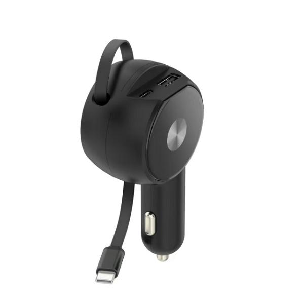 Dual-Port Car Charger with Built-in Cable, PD+QC, 58W Max Output, 12-24V Input,