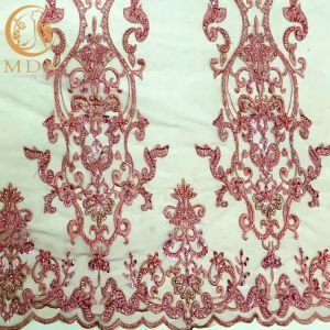 OEM Pink Beaded Lace Fabric For Evening Dress Garment