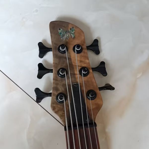 Custom 6 Strings Natural Ash Burl Spalted Maple Top Neck Through Body Electric Bass Guitar Black Imported Hardware, Accept Bass OEM