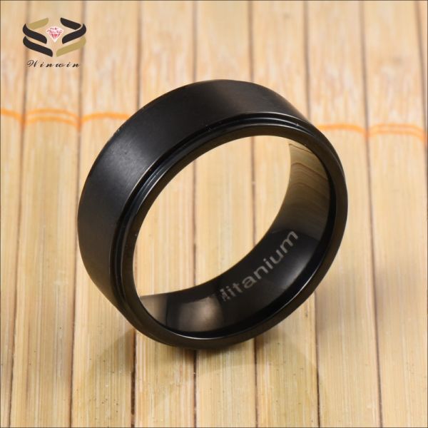 Men'S Black Titanium Wedding Bands 8mm Brushed Finished With Stepped Edges