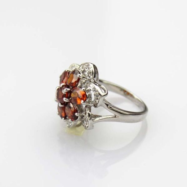 Whtie Gold Plated 925 Silver Red Cubic Zircon Flower Gemstone Ring (R223)