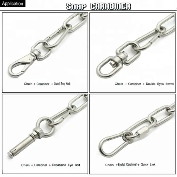 Water Treatment 8mm Stainless 304/316 Outdoor Chain Safety Spring Clip Carabiner Snap Hook OEM