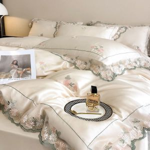 All-Season White Silk Queen King Size Bedding Set with Handmade Embroidery Lace