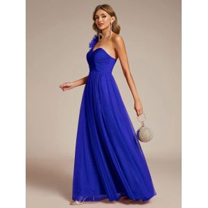 Quality Exquisite One-shoulder Sweetheart Ruffled A-line Zipper Pleated High Slit Sapphire Blue Tulle Graduation Dress for sale