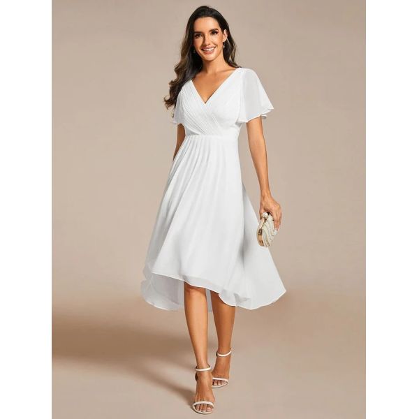 Chic V-neck High-low Short Flutter Sleeves A-line Ruffles Midi Invisible Zipper White Chiffon Guest Graduation Dress