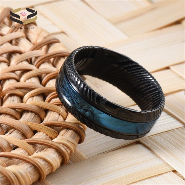 Third Party Appraisal Men Fashion Jewelry 8mm Black Blue Damascus Steel Ring Double Black Grooved Wedding Band with Logo