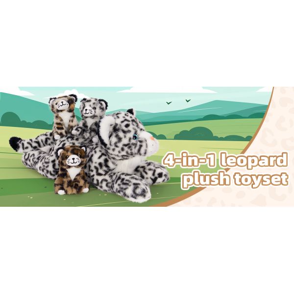 Christmas Birthday Gift Set 4pcs Snow Leopard Stuffed Animals Cheetah Plushies 3 Cubs Mama Baby Cheetah Girls and Kids