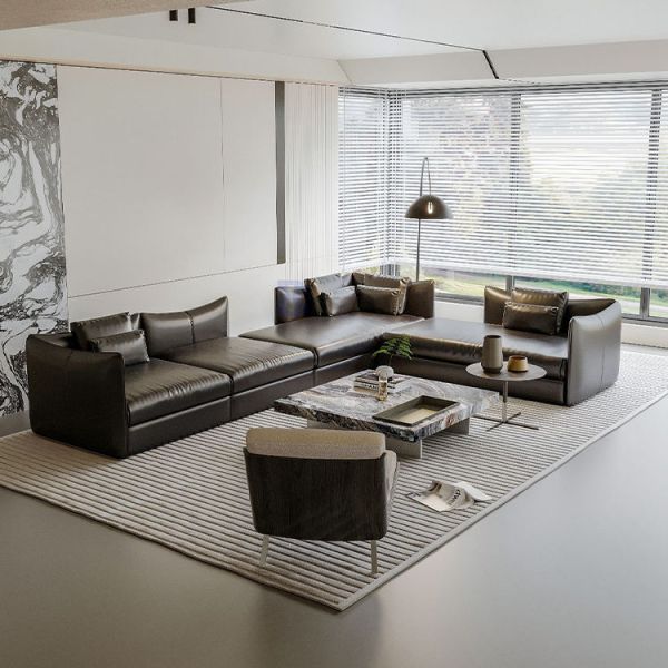 Modular Modern Italian Minimalist Black Leather Sofa Head Layer Cowhide Large Flat Layer Straight Row Corner Down Sofa