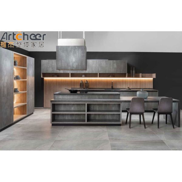 Modern Kitchen Furniture with Dark Grey Marble Look Finish and Flat Edge Countertop