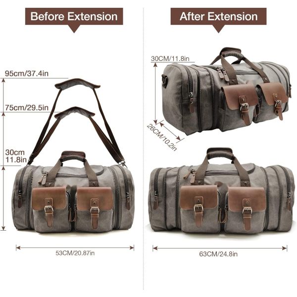 Canvas Genuine Leather Carry On Travel Bag Large Capacity 50L Expandable