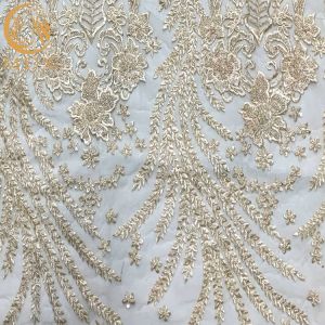 White Nigerian Wedding Dress Beaded Lace Fabric 91.44Cm Length
