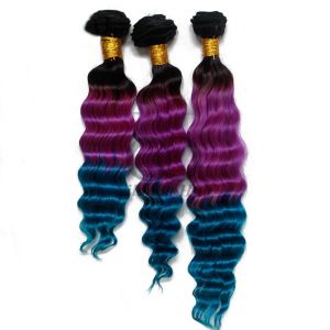 #T1B/Purple/Blue Deep Wave Remy Human Hair Bundles Sew In Weave Bundles