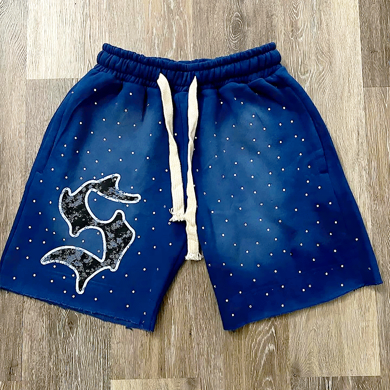 Custom Rhinestone Screen Print Logo Pocket Acid Wash Vintage Men's Shorts Sweat Cotton French Shorts Jogging Cotton Shorts