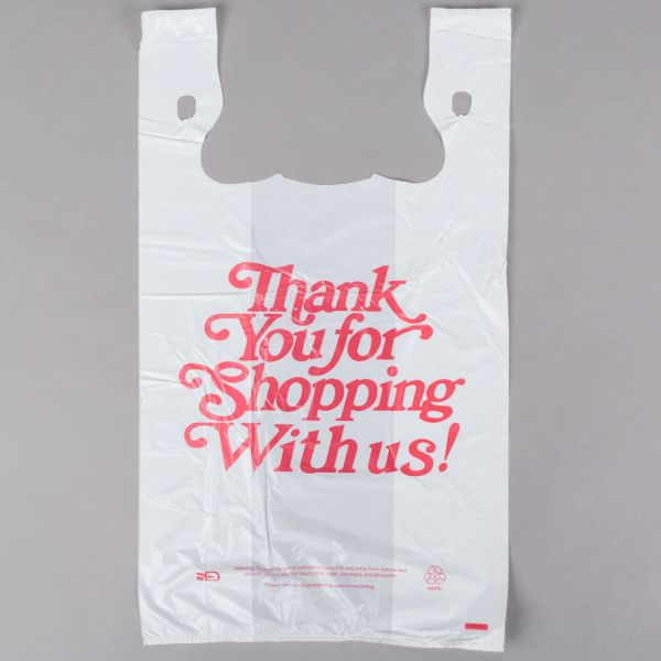 Buy White Colour Thank You T Shirt Shopping Bags Plastic Customized Printing at wholesale prices